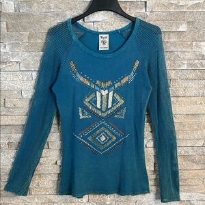 VOCAL Teal Long Sleeve Top with Geometric Bling